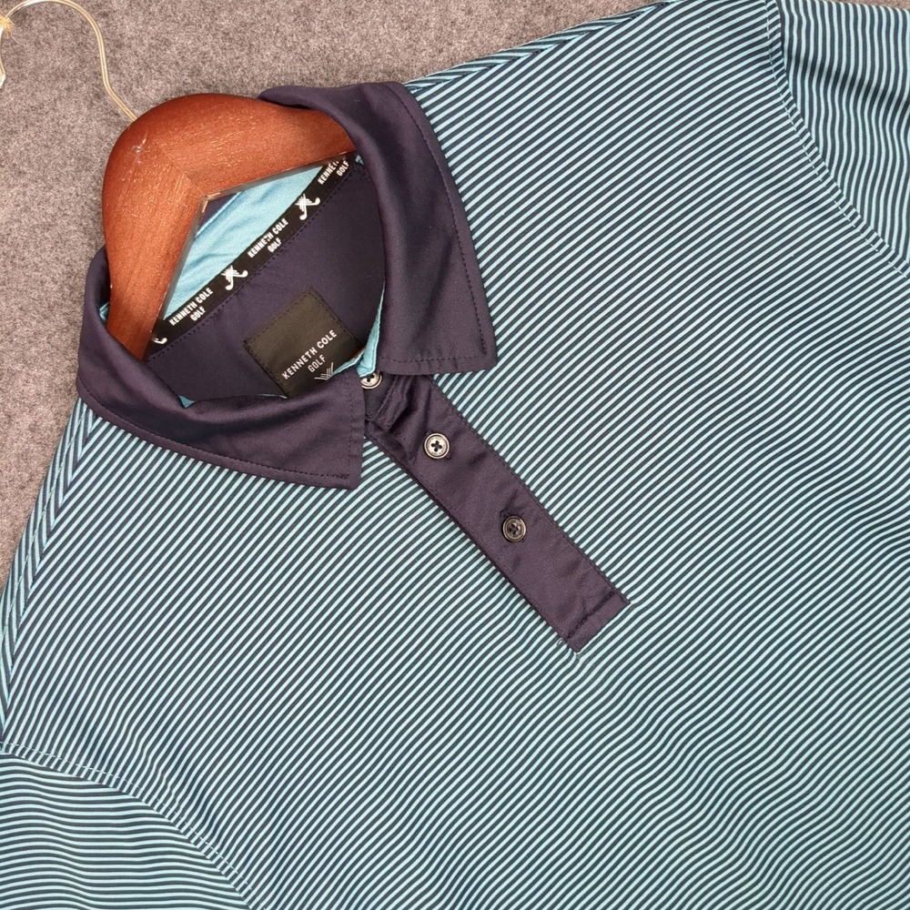 Kenneth Cole Golf Mens Polo Shirt Blue Stripe Short Sleeve Button Neck Size‎ M